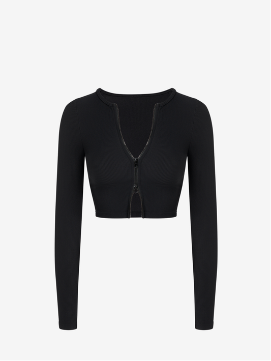 Alexa Ribbed Zipper Crop Jacket - Black